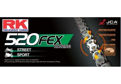 CHAINE 520 RX`RING ULTRA SUPER.RENFORCEE 114 MAILLONS avec A RIVET. CHAINE RK 520FEX CHAINE 520 RX`RING ULTRA SUPER.RENFORCEE 114 MAILLONS avec Attache A RIVET CHAINE RK 520FEX origine AZMOTORS -DISPO