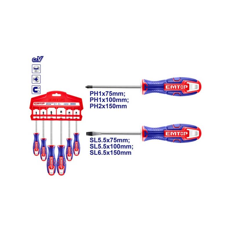 KIT 6 TOURNEVIS EMTOP (2xSL5.5 -1xSL6.5 - 2xPH1 - 1xPH2) Kit de 6 Tournevis EMTOP (2xSL5.5, 1xSL6.5, 2xPH1, 1xPH2) â€“ Outils de PrÃ©cision Professionnels pour le Bricolage et la Maintenance origine BETA -DISPO