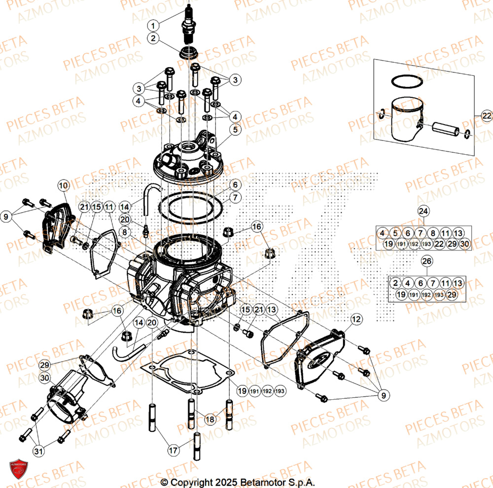 Cylindre AZMOTORS Pieces BETA CROSS RX 250 2T - (2026)