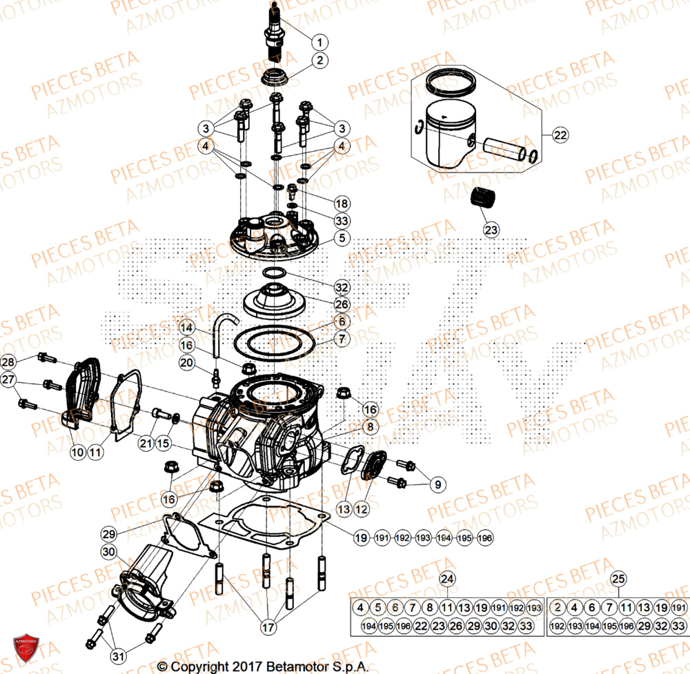 Cylindre AZMOTORS PiÃ¨ces Beta RR 125 2T X-PRO - 2026