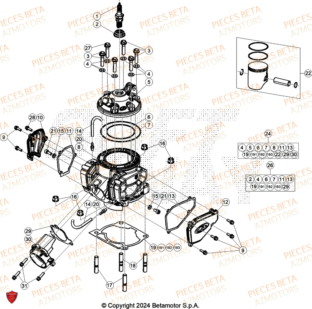 Cylindre AZMOTORS Pieces BETA RR 2T 250 X-PRO - (2025)