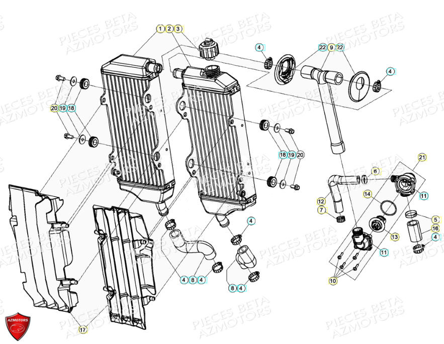 Radiateur Installation De Refroidissement AZMOTORS PiÃ¨ces Beta RR 4T 390 Enduro - (2021)