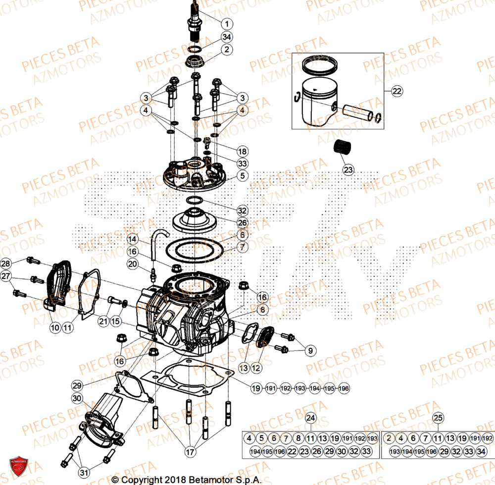 Cylindre AZMOTORS Pieces Beta RR 200 X-PRO 2T - 2026
